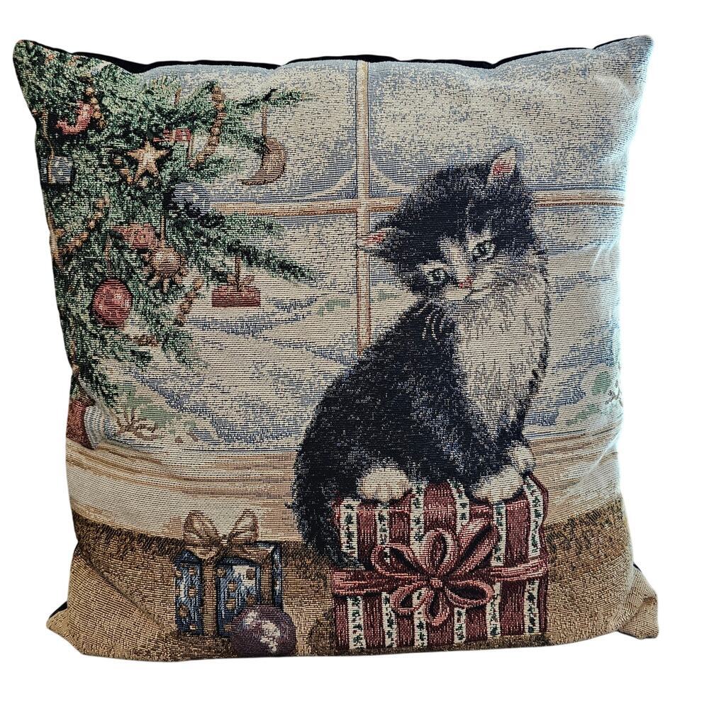 Vintage Christmas Cat Decorative Pillow Tapestry Kitten Home Decor Kitty Cottage